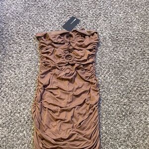 Ruched Brown Strapless Dress with Ring Detail